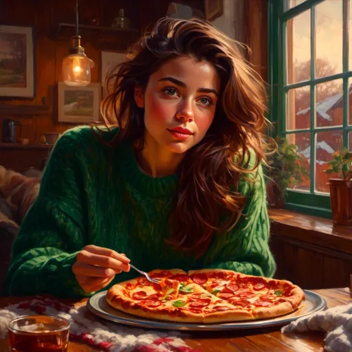 Prompt:  <mymodel> Girl eating pizza, brunette, green eyes, realistic, cozy sweater, winter, natural lighting, high quality, detailed eyes, warm tones, realistic lighting