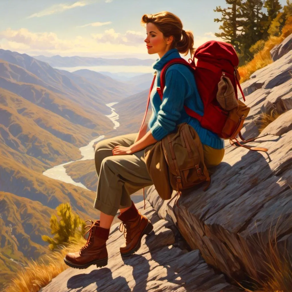 Prompt: <mymodel> Girl traveling in mountains, backpack, cozy sweater, hiking boots, breathtaking view, realistic, natural lighting, serene landscape, high quality, detailed brushwork, warm tones, realistic lighting