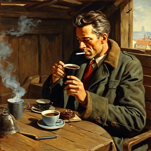 Prompt: <mymodel> man drinking coffee and smoking.