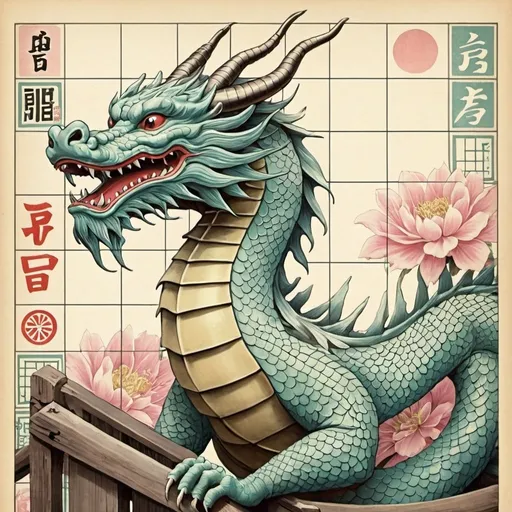 Prompt: vintage illustration of japanes dragon, pastel colors, fence, sudokus, vertical a4 format
