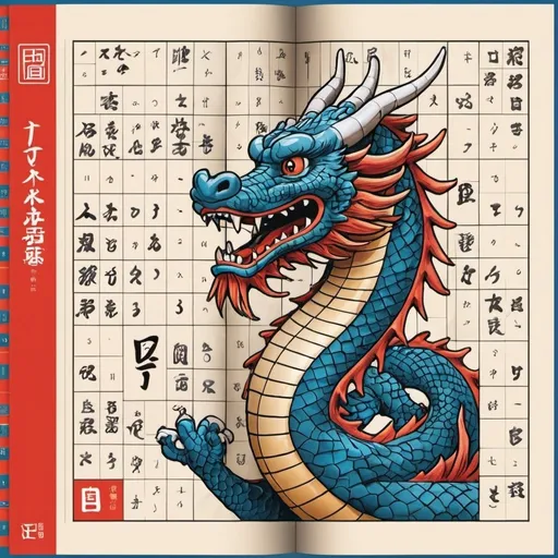 Prompt: Imagen para portada de un libro de pasatiempos de sudokus. Estilo dibujos con temática japonesa. Dragón  japonés y muralla china. Formato vertical A4