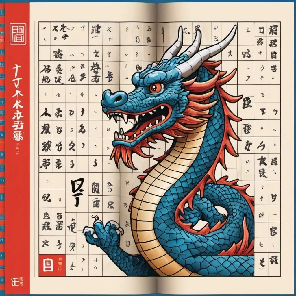 Prompt: Imagen para portada de un libro de pasatiempos de sudokus. Estilo dibujos con temática japonesa. Dragón  japonés y muralla china. Formato vertical A4