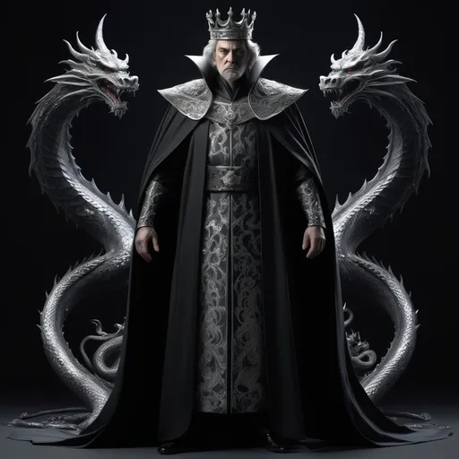 Prompt: Tall, imposing and evil Middle aged king with a dark aura in a black robe etched with silver dragons. 