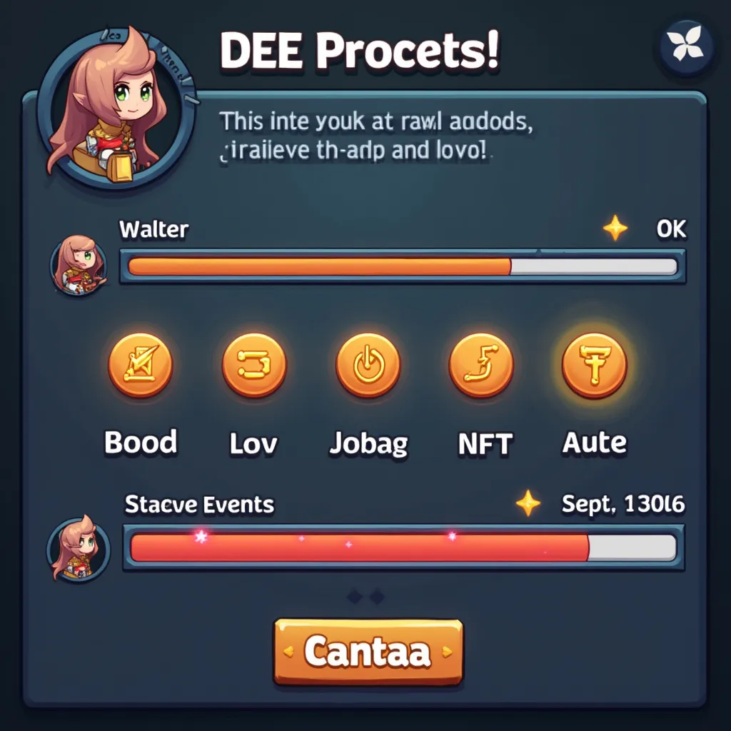 Prompt: A game-like interface with a progress bar filling as avatars complete tasks (attending events, creating art). Glowing DEE tokens and rare NFTs pop out as rewards, with a staking vault in the background. Mood: playful, rewarding.