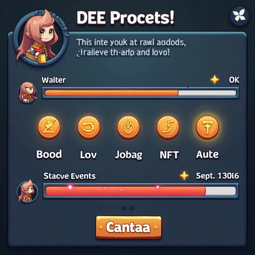 Prompt: A game-like interface with a progress bar filling as avatars complete tasks (attending events, creating art). Glowing DEE tokens and rare NFTs pop out as rewards, with a staking vault in the background. Mood: playful, rewarding.