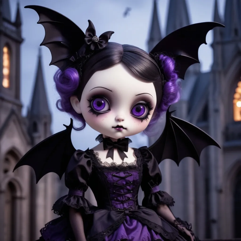 Prompt: Close-up of a cute gothic bat in dark Lolita-style attire. The bat has large, expressive eyes, a soft smile, and is dressed in a Victorian-inspired dress with lace, ruffles, and a bow in black and purple. Background is a shadowy gothic cathedral, blurred for focus. The mood is dark yet whimsical, blending gothic charm with playful fantasy