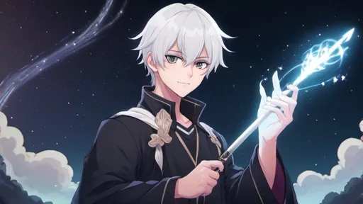 Prompt: make me an anime style thumbnail about a white hair anime boy holding a magic wand 