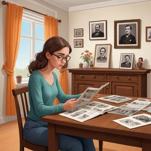 Prompt: For a children's book, cartoon. 
young woman sitting in the living room at a table looking at photos of ancestors 
