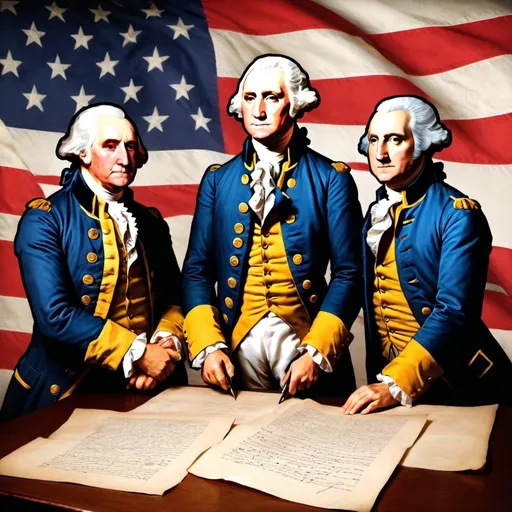 Prompt: creat art for our new band single "The Breaking News Band"  the name of the song is The Founding Fathers... should be George Washington Thomas Jefferson and John Adams writing. letter with the flag and war behind them