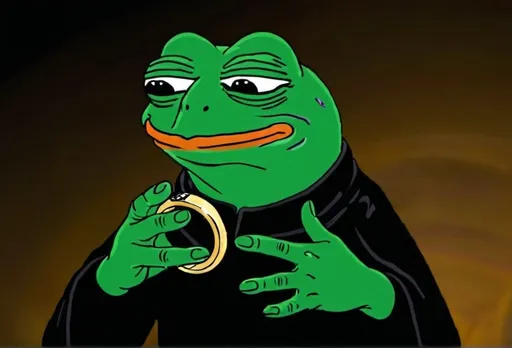 Prompt: dark lord pepe meme holding the ring of Sauron