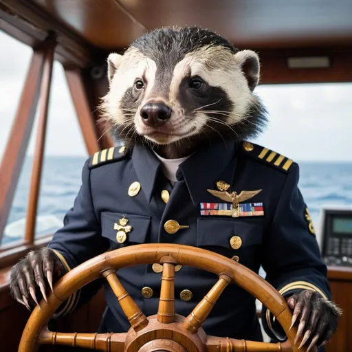 Prompt: a honey badger in a naval officer's uniform at the wheel of a ship
