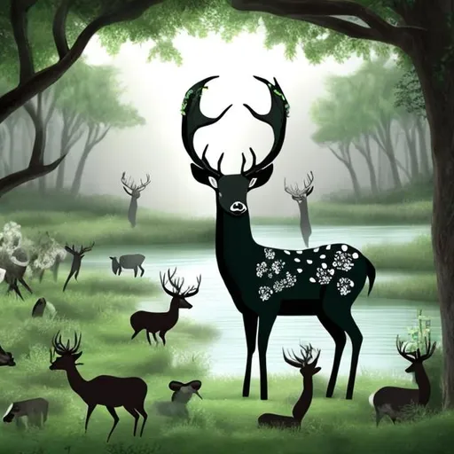 Prompt: A black deer surrounded by 10 white deers in a green forest near a pond 