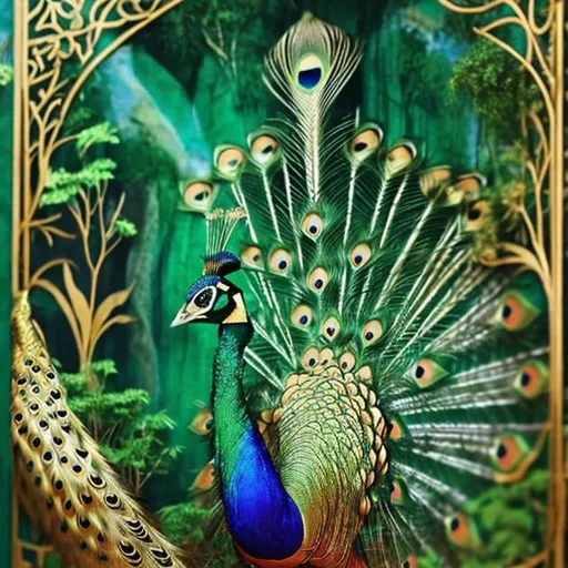 Prompt: One golden peacock surrounded by 10 white peacocks in a green jungle 