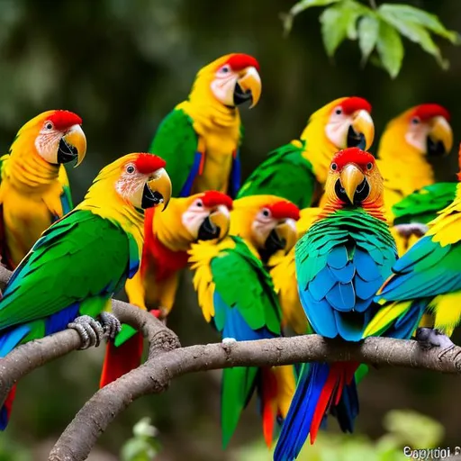 Prompt: 1 red parrot, 1 yellow parrot, 1 green parrot and 1 blue parrot are sitted on trees on the banks of a water pond