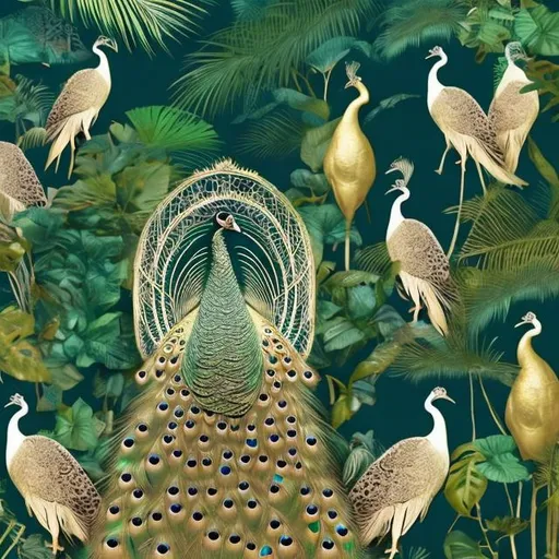 Prompt: One golden peacock surrounded by 10 white peacocks in a green jungle 