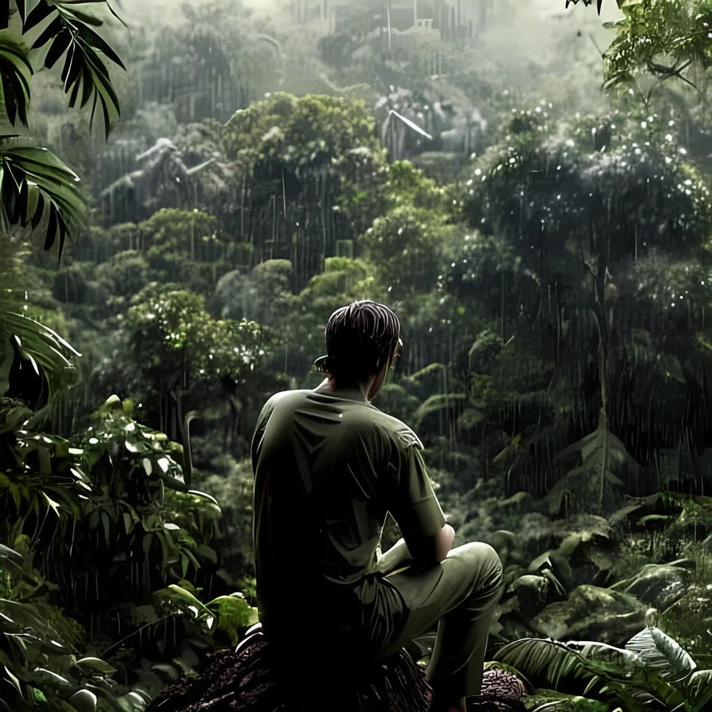 Prompt: A man sitting on a deforested tree in a jungle watching the forest with the sad emotion and it was raining heavily 