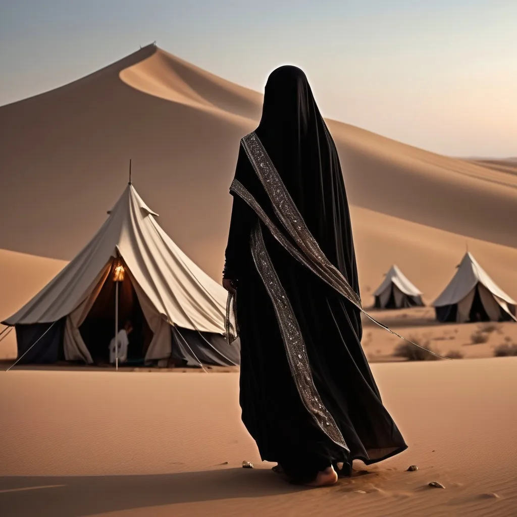 Prompt: Zainab stepped out of her tent on the night of the tenth of Ashura, her eyes scanning the daunting desert horizon, tears shimmering in her gaze. She went by the tents, drawn towards her brother Abbas's tent, where a profound sense of safety enveloped her. Being near her protector brought an indescribable comfort.