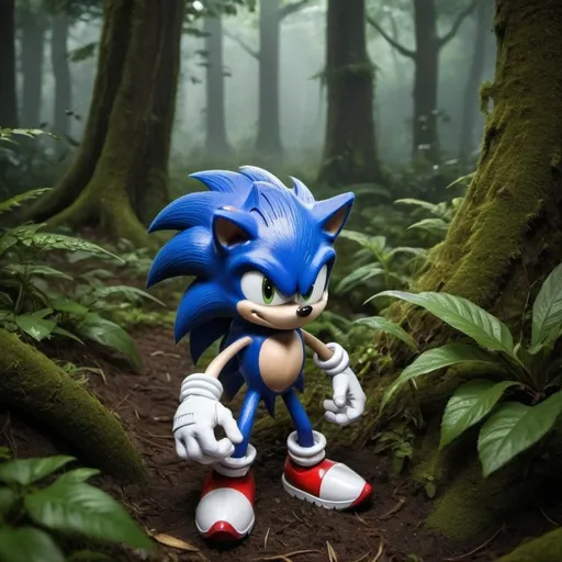 Prompt: Eu quero que voc� gere um cen�rio no estilo dark fantasy, com uma floresta sombria e inserindo o personagem de videogame Sonic The Hedgehog em seu visual cl�ssico