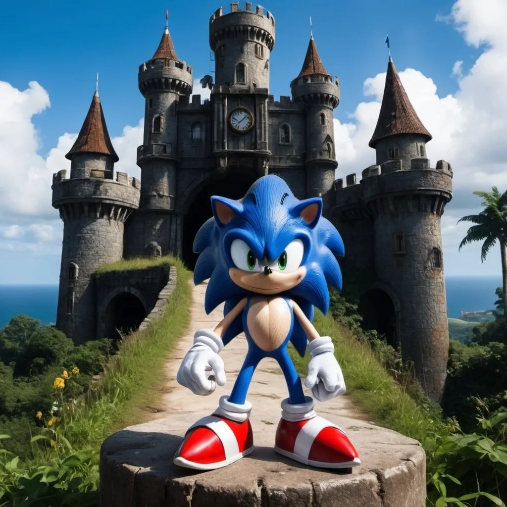 Prompt: Eu quero que voc� gere um cen�rio no estilo dark fantasy, com um castelo abandonado, e inserindo o personagem de videogame Sonic The Hedgehog em seu visual cl�ssico