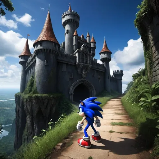 Prompt: Eu quero que voc� gere um cen�rio no estilo dark fantasy, com um castelo abandonado, e inserindo o personagem de videogame Sonic The Hedgehog em seu visual cl�ssico