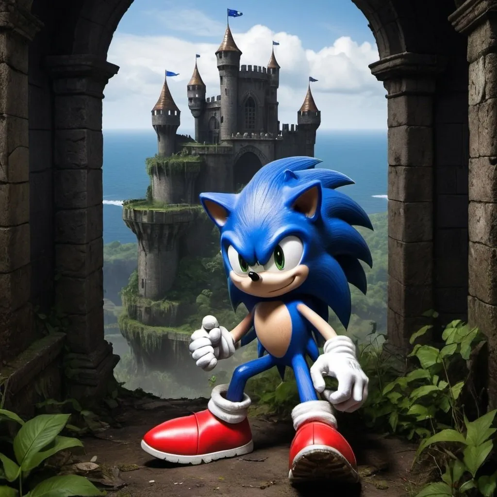 Prompt: Eu quero que voc� gere um cen�rio no estilo dark fantasy, com um castelo abandonado, e inserindo o personagem de videogame Sonic The Hedgehog em seu visual cl�ssico