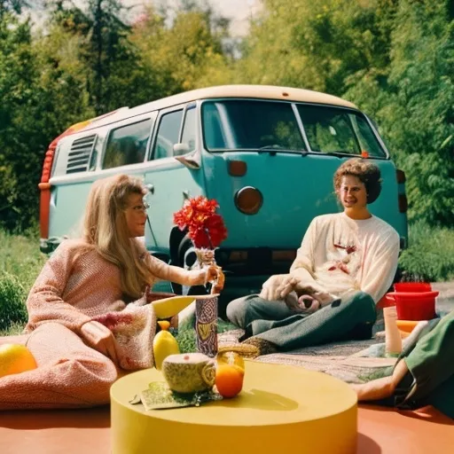 Prompt: 1960's hippy styled man and woman sitting around a table, fruit infused water jug and a hot tea on the table, relaxed hippy style clothing, out in nature with a volkswagen minibus on the background, surrounded by a vivid colored healthy elements
