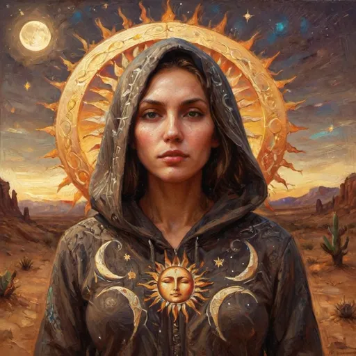 Prompt: a woman with a hooded jacket and sun and moon designs on her body and head, in a desert landscape, Amanda Sage, fantasy art, divinity, a digital painting