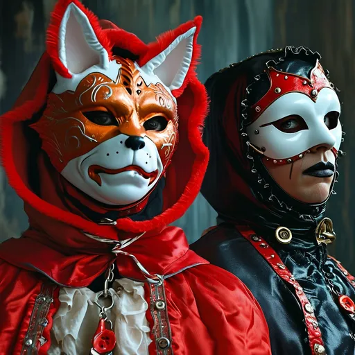 Prompt: two people in costumes with red and silver clothing and one wearing a red hoodie and the other a black and white mask, Felix-Kelly, international gothic, promotional image, poster art