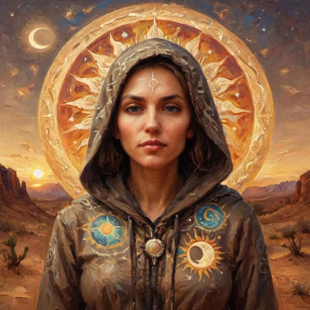 Prompt: a woman with a hooded jacket and sun and moon designs on her body and head, in a desert landscape, Amanda Sage, fantasy art, divinity, a digital painting