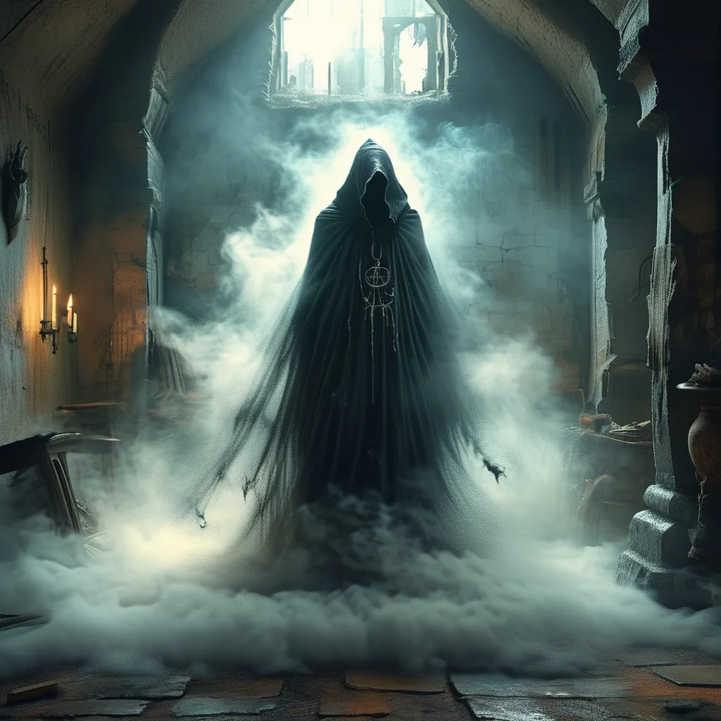 Prompt: The mysterious figure cloaked in a dark, billowing shroud slowly drifts forward through thick, swirling fog. The words 'Shook and Bail' glow faintly on the fabric, pulsating with a dim, otherworldly light. As the figure glides, the fog dances and coils around it, rising as if alive, creating an eerie, supernatural atmosphere. The light from above flickers, casting deep shadows across the decrepit room, with broken furniture and cracked stone floors visible only in brief, haunting flashes.