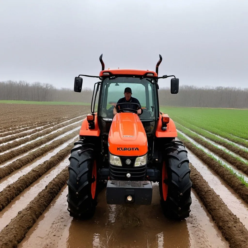 Prompt: A picture of me rototilling a field in the rain in a Kubota Mx6000 tractor with a full cab