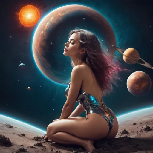 Prompt: Cosmic beautyful woman shitting out some planets