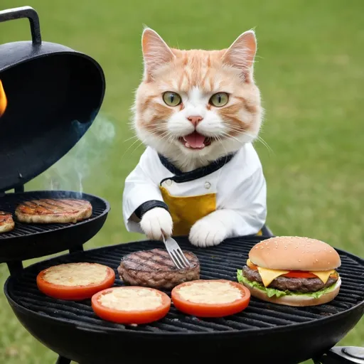 Prompt: a cat cooking a hamburger on a grill