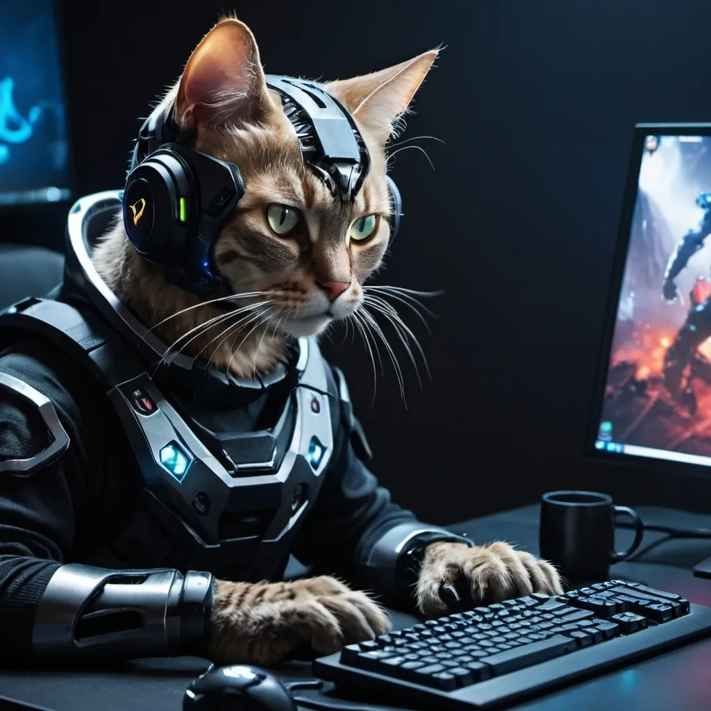 Prompt: cybercat gaming on a pc
