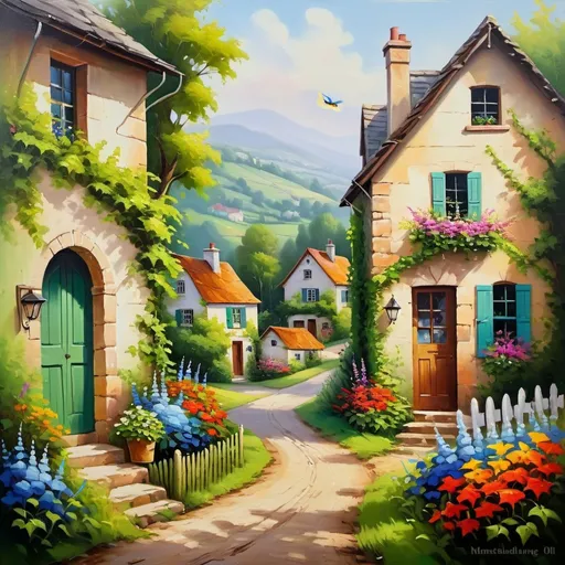 Prompt: Quaint country lane with lush greenery, colorful wildflowers swaying, charming cottages with ivy-covered walls, merrily chirping birds, storybook peaceful ambiance, high quality, detailed oil painting, vibrant colors, soft natural lighting