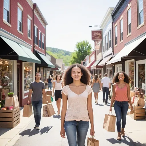 Prompt: bustling picturesque small town shopping mixed race
