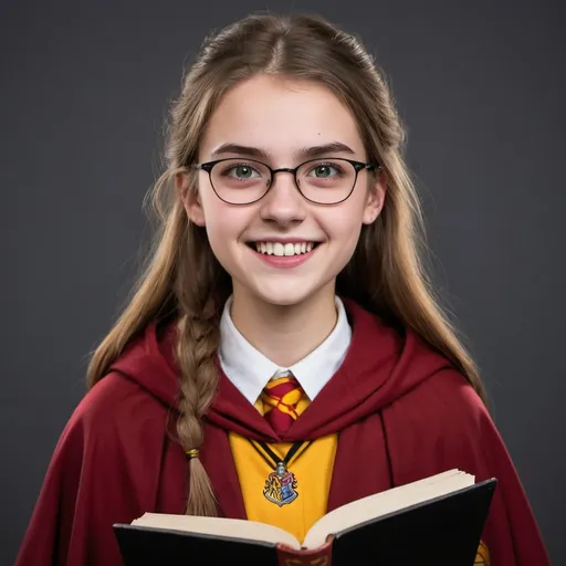 Prompt: teenage female student levelheaded, book-smart, and always very logical. with buck teeth wearing red and yellow cloak from hogwarts
