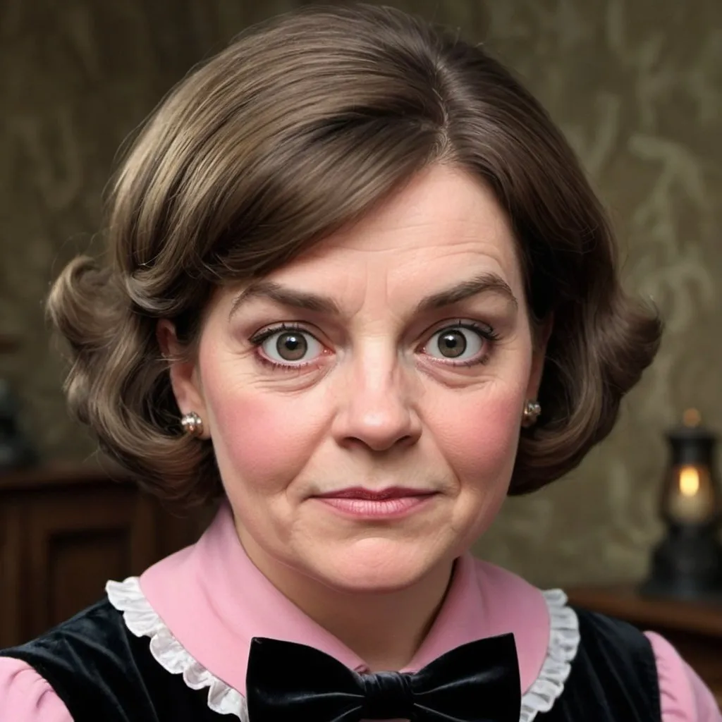 Prompt: She had a broad, flabby face, a wide, slack mouth, and little neck. Her eyes were bulging and pouchy, and in her mousy brown hair she often wore a black velvet bow, which reminded Harry of a fly perched dangerously above a toad, furthering Umbridge's toad-like characteristics. middle age woman