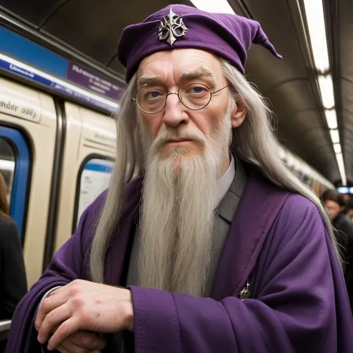 Prompt: The finest wizard of his generation, Dumbledore is the only wizard that Voldemort is afraid of. Tall, thin and very old, he has blue eyes, a crooked nose and a long silver beard. He wears half-moon spectacles and a long purple cloak. He has a scar on his left knee which is a perfect map of the London Underground.