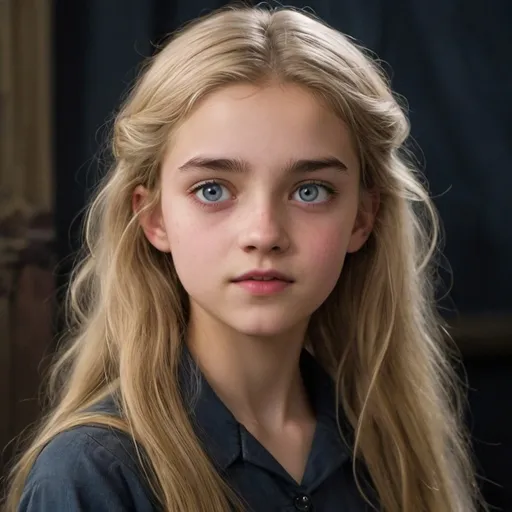 Prompt: sixteen-year-old Luna had waist-length, straggly, dirty blonde hair, protuberant grey eyes, which often seemed to be dreamily distracted, and faint eyebrows. She had an aura of "distinct dottiness" about her and was known to put her wand behind her left ear for safekeeping.
