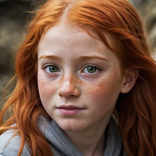 Prompt:  a freckled young girl with flaming red hair, which she often wear in a mane closely resembles a lion's mane. She is the youngest child of the Weasley family in gryffindor
