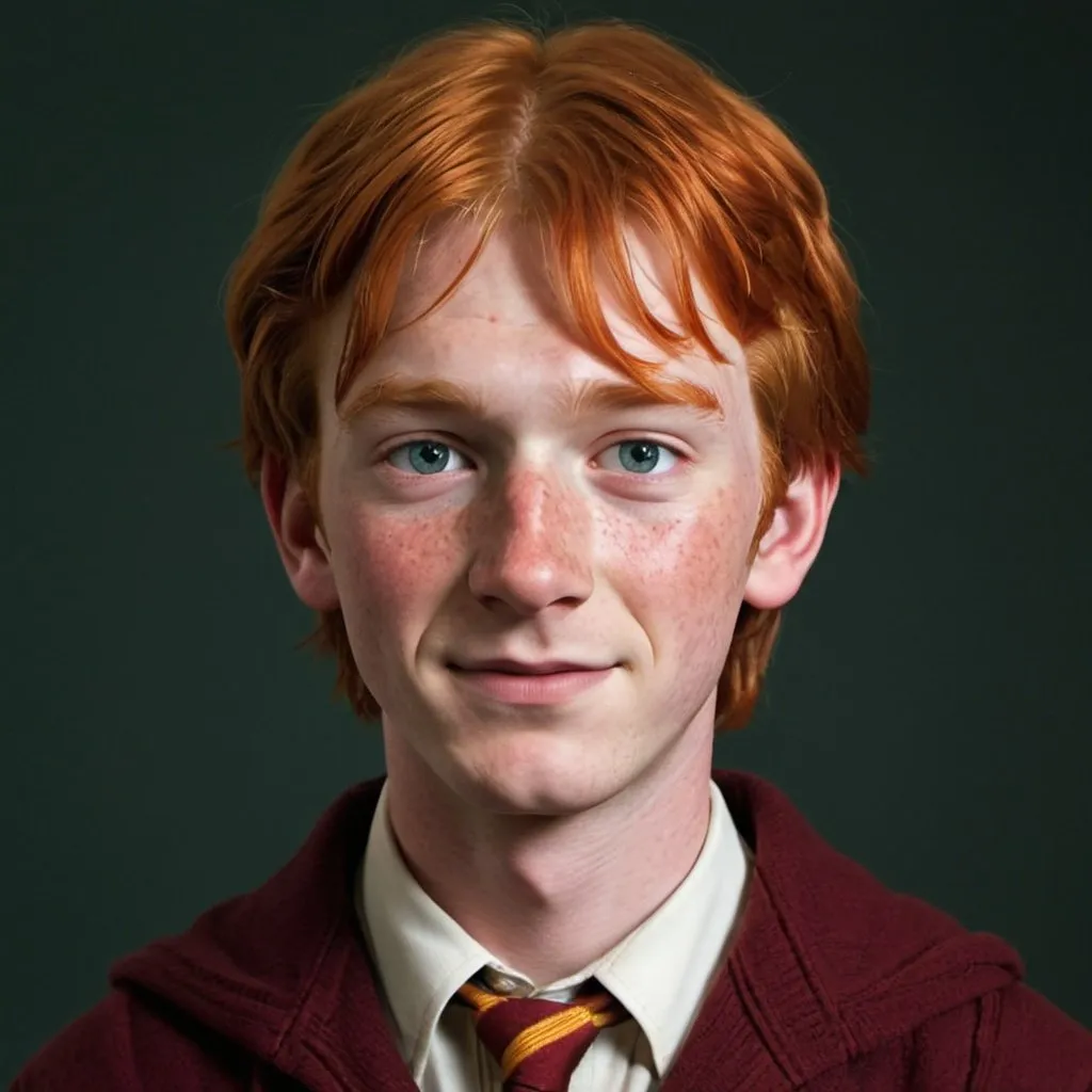 Prompt: tall, thin and gangling, with freckles, big hands and feet, and a long nose." Ron has the trademark red hair of the Weasleys and is indeed one of Harry's tallest schoolmates, even outgrowing some of his older brothers.