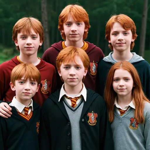 Prompt: teenage twins and brothers of Harry Potter's best friend Ron Weasley; younger than Bill, Charlie, and Percy, but older than Ginny and Ron. They're in the middle of the seven Weasley children. They have red hair and are proud to be Weasleys only two people both boys