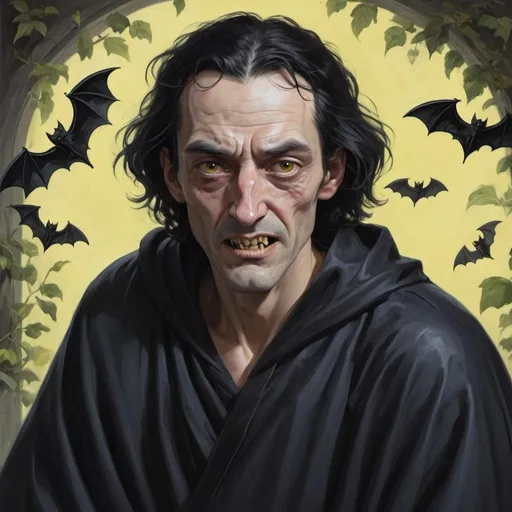 Prompt: a thin man with sallow skin, a large, hooked nose, and yellow, uneven teeth. He has shoulder-length, greasy black hair which frames his face, and cold, black eyes. He wears black, flowing robes which give him the appearance of "an overgrown bat".