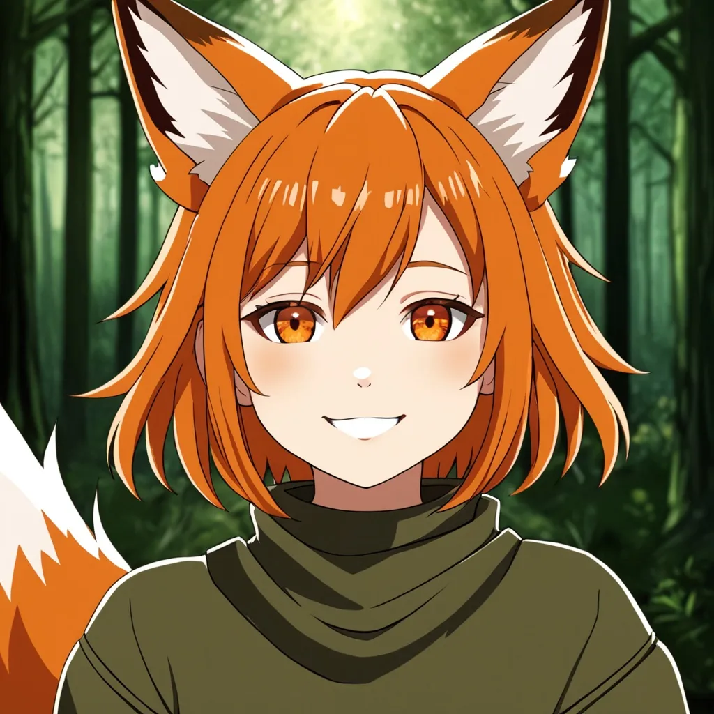 Prompt: anime, demi-human fox, orange hair, orange eyes, detailed face, 8k, dark colors, forest background, happy face, detailed eyes