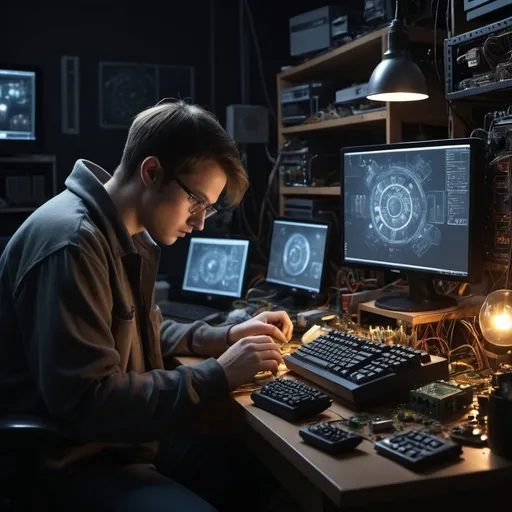 Prompt: (computer repair scene), Pria (focused expression), engaged with tools and parts around, detailed workspace clutter, warm ambient lighting, slightly dark backdrop highlighting the subject, atmosphere of concentration and problem-solving, intricate details of the computer components, capturing a moment of technical dedication, ultra-detailed, 4K resolution.