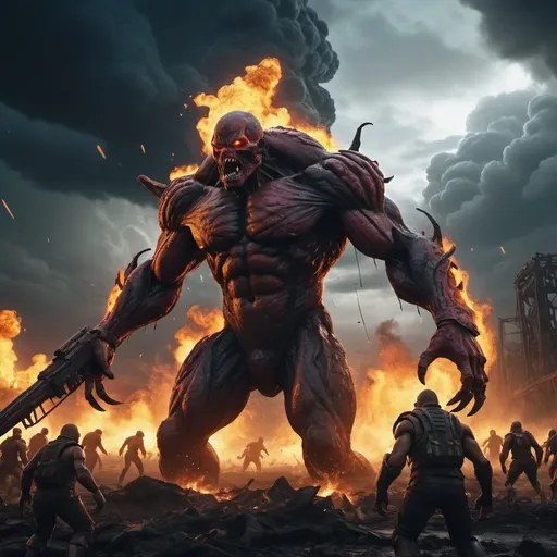 Prompt: (humanity vs other creatures), epic battle scene, intense conflict, dynamic poses, dramatic action, vibrant colors, glowing weapons, visceral expressions, detailed humanoid and creature designs, apocalyptic landscape, dark stormy skies, atmosphere of tension and suspense, fiery explosions, 4K ultra-detailed rendering.