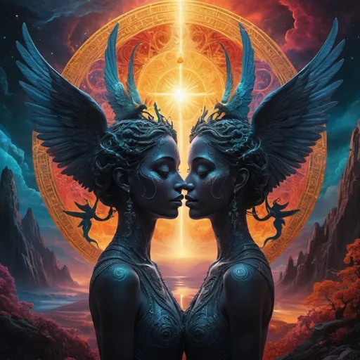 Prompt: (dualism of good and evil), richly detailed symbolism, dramatic contrast between light and darkness, ethereal beings representing kindness and malice, vibrant colors juxtaposed, (intricate background) with a celestial landscape, mystical ambiance, reflective elements, showcasing the balance of forces, (highly detailed), (4K), capturing the essence of moral complexity in a striking visual narrative.