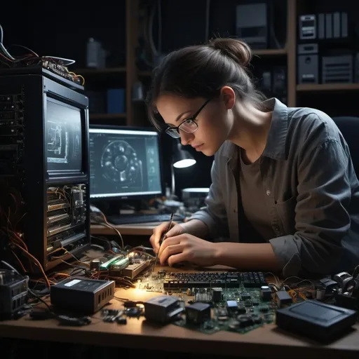 Prompt: (computer repair scene), Pria (focused expression), engaged with tools and parts around, detailed workspace clutter, warm ambient lighting, slightly dark backdrop highlighting the subject, atmosphere of concentration and problem-solving, intricate details of the computer components, capturing a moment of technical dedication, ultra-detailed, 4K resolution.