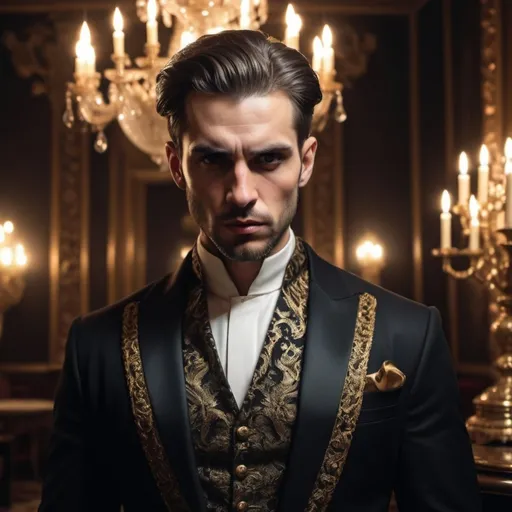 Prompt: (narcissistic man hungry for praise, arrogant and mocking others), (dramatic expression), (intense gaze), (high-contrast lighting), opulent setting, (soft shadows), sharp features, luxurious clothing, ornate background details, mood of disdain and superiority, (dynamic posture), (4K ultra-detailed), atmosphere of tension and self-obsession.